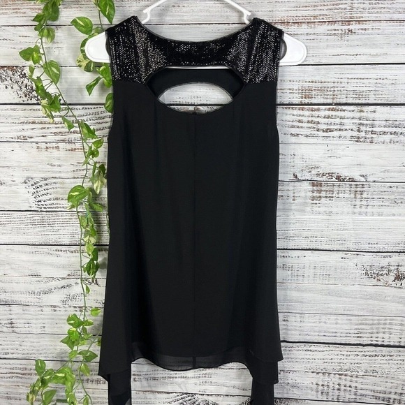 BCBG MaxAzria Tunic Top size XXS Black Sequins Cocktail Wedding Evening Disco - Picture 10 of 10